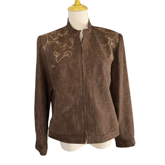 Sag Harbor Petite Brown Gold Embroidered Zip Up Jacket Size 12P Woven Texture - Picture 1 of 12